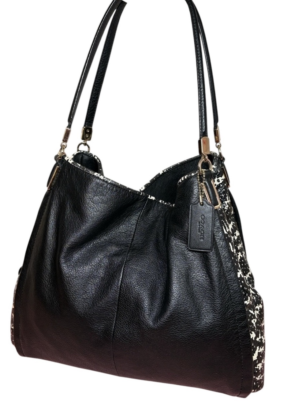 Coach Black Leather Shoulder Bag with Black and White Patterned Sides